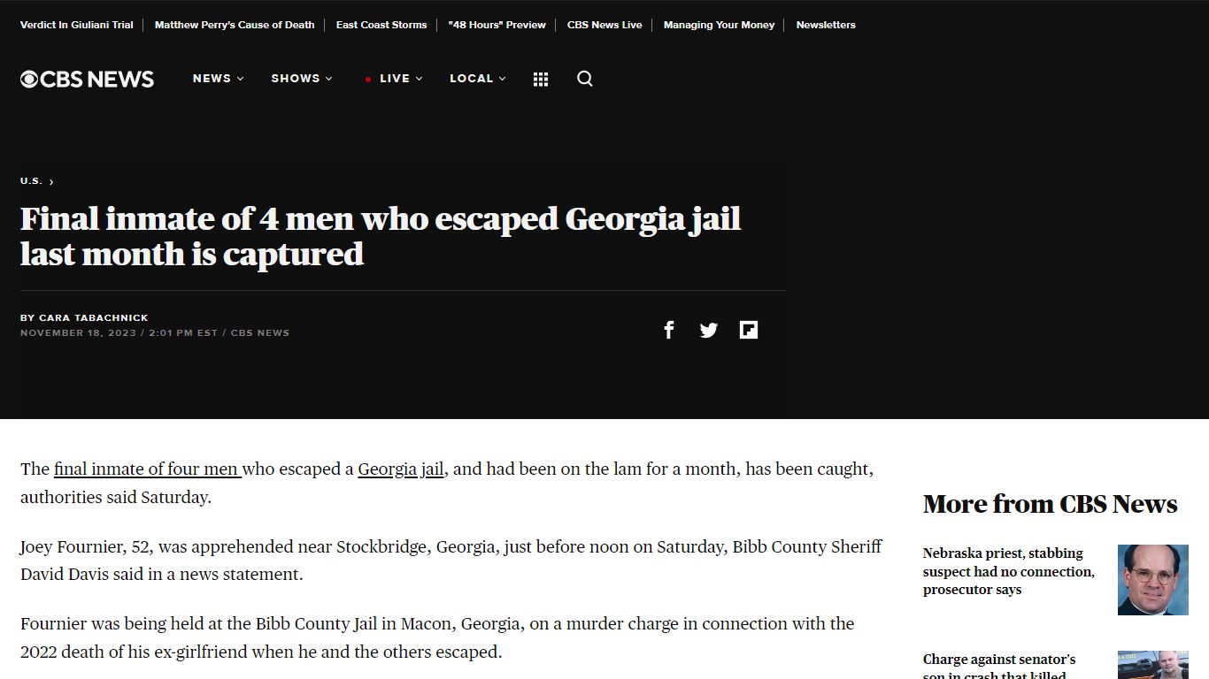 Final inmate of 4 men who escaped Georgia jail last month is captured ...